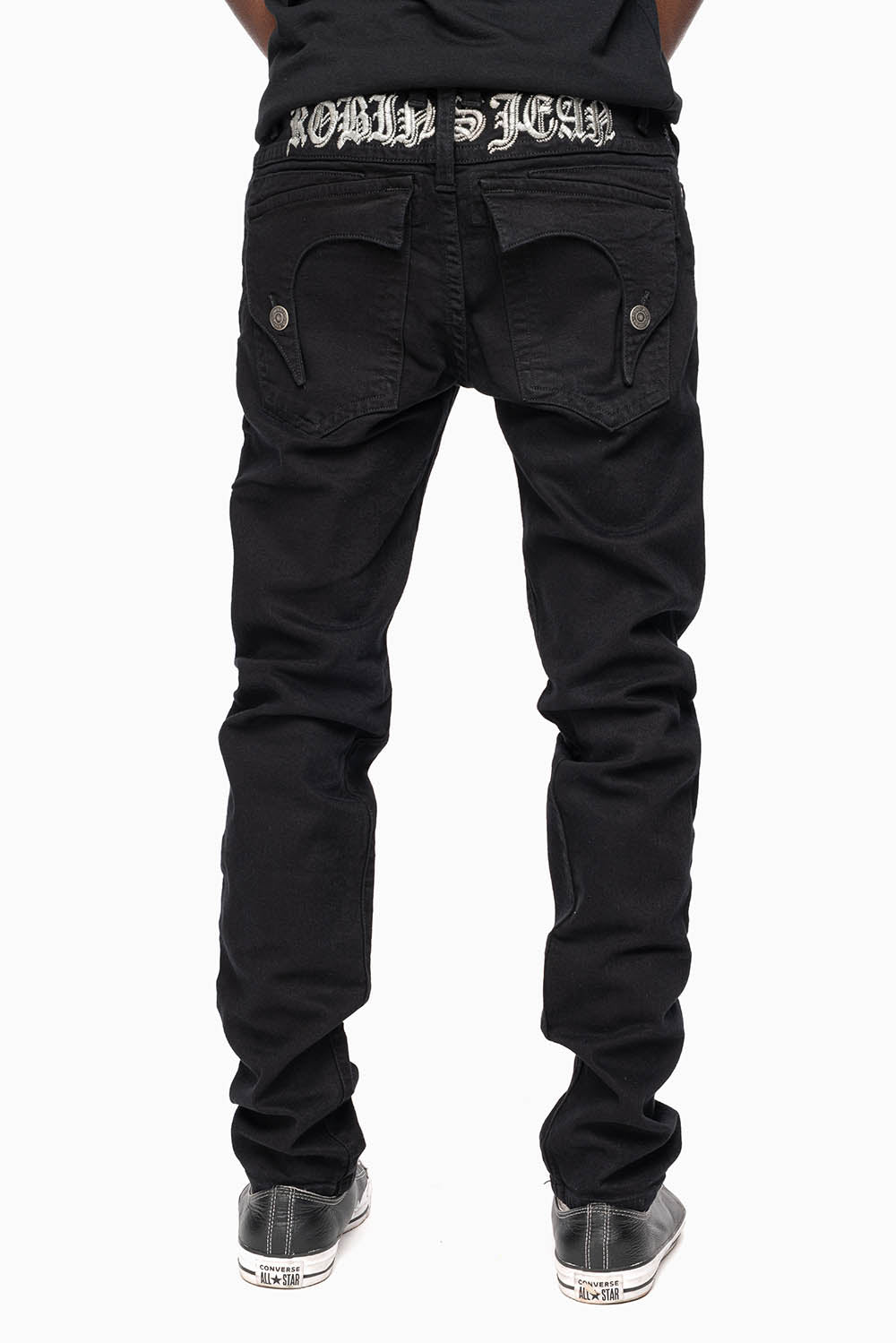 KILLER FLAP MENS SKINNY JEANS IN PURE BLACK WITH SILVER O.E. LOGO