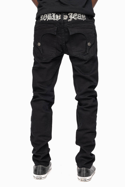 KILLER FLAP MENS SKINNY JEANS IN PURE BLACK WITH SILVER O.E. LOGO