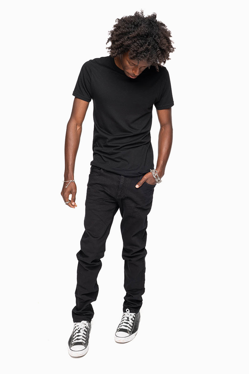 KILLER FLAP MENS SKINNY JEANS IN PURE BLACK WITH SILVER O.E. LOGO
