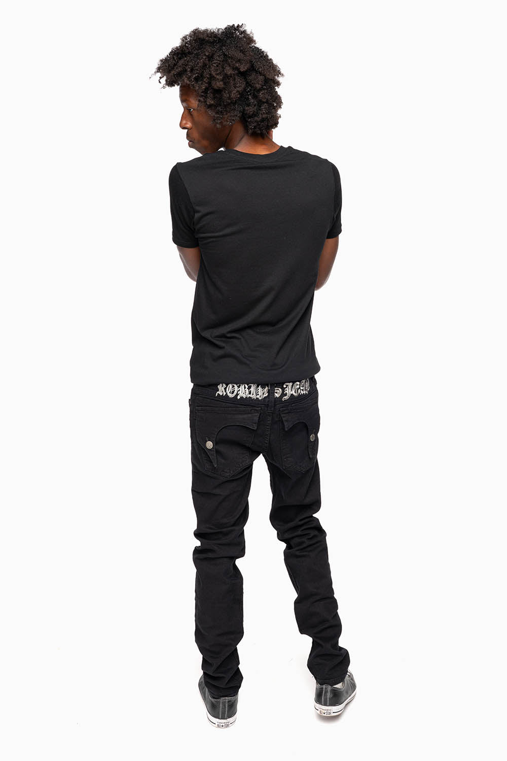 KILLER FLAP MENS SKINNY JEANS IN PURE BLACK WITH SILVER O.E. LOGO