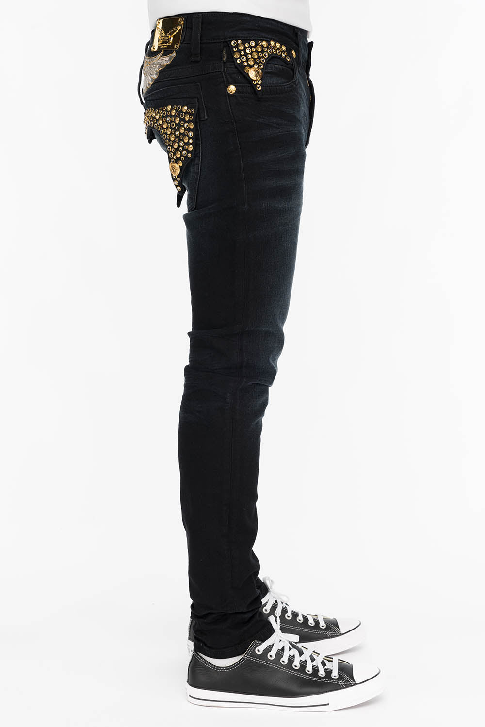 KILLER FLAP MENS SKINNY JEANS IN F_UP WITH CRYSTAL AND SPIKE STUDDING