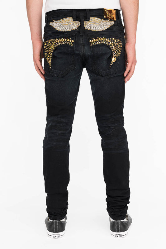 KILLER FLAP MENS SKINNY JEANS IN F_UP WITH CRYSTAL AND SPIKE STUDDING