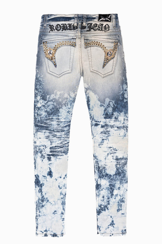 KILLER FLAP MENS SKINNY JEANS IN BLUE CLOUD JAPAN EMBELLISHED WITH  CRYSTALS AND  JEWEL BROOCH