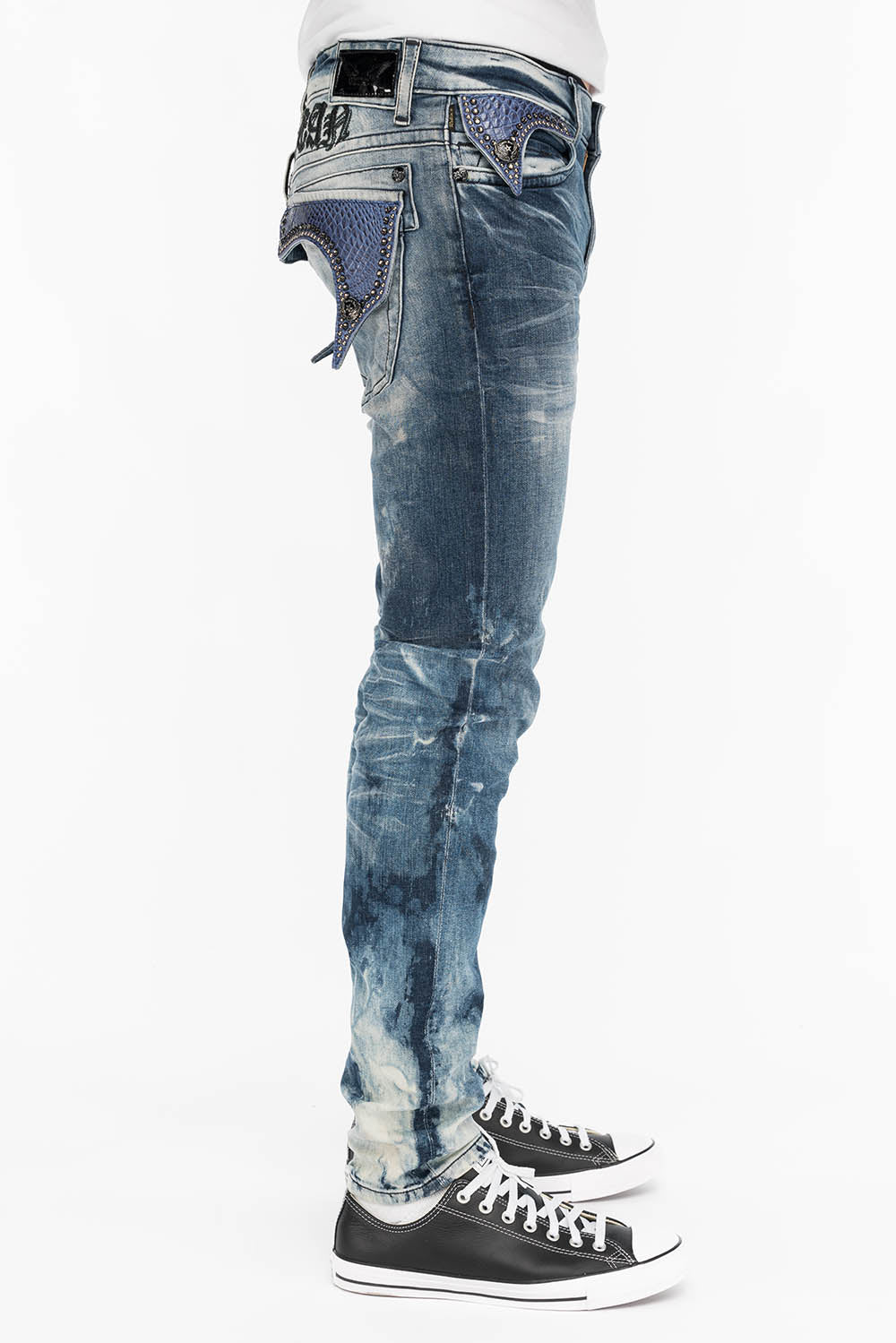 KILLER FLAP MENS SKINNY JEANS IN CLOUD JAPAN WITH INDIGO CROCODILE FLAPS