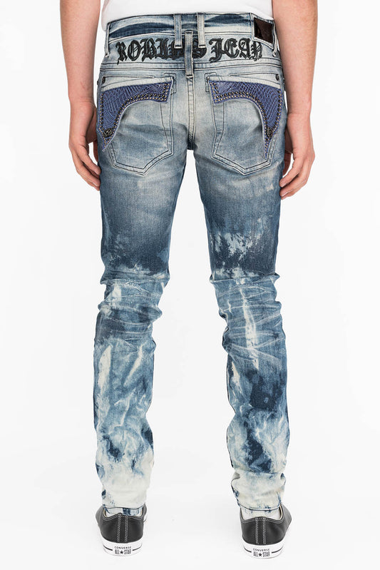 KILLER FLAP MENS SKINNY JEANS IN CLOUD JAPAN WITH INDIGO CROCODILE FLAPS