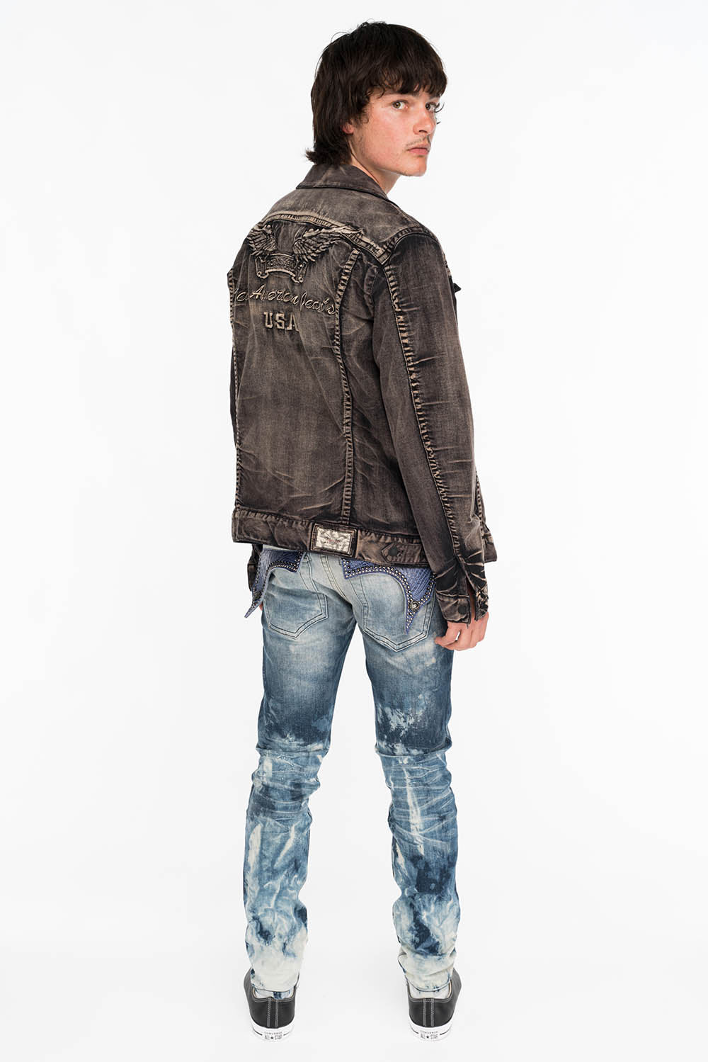 KILLER FLAP MENS SKINNY JEANS IN CLOUD JAPAN WITH INDIGO CROCODILE FLAPS