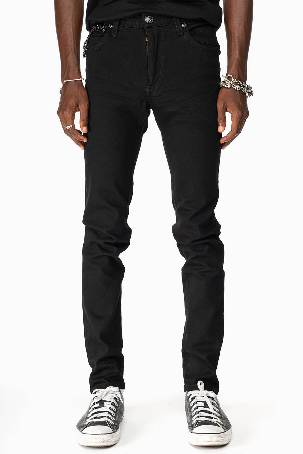KILLER FLAP MENS SKINNY JEANS IN PURE BLACK WASH WITH BLK CROCODILE FLAPS AND  CRYSTALS