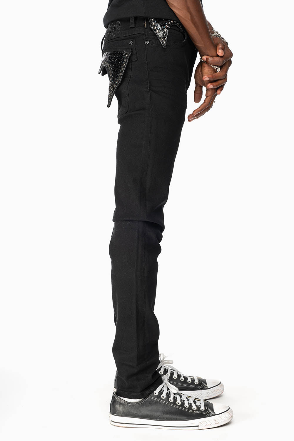 KILLER FLAP MENS SKINNY JEANS IN PURE BLACK WASH WITH BLK CROCODILE FLAPS AND  CRYSTALS