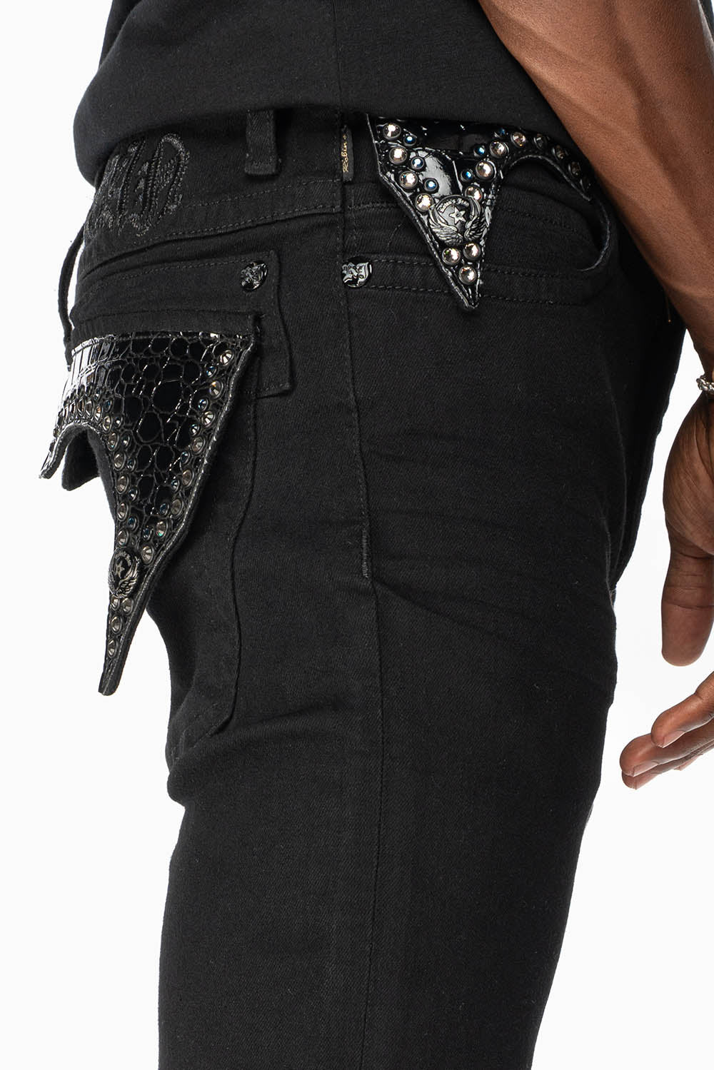 KILLER FLAP MENS SKINNY JEANS IN PURE BLACK WASH WITH BLK CROCODILE FLAPS AND  CRYSTALS