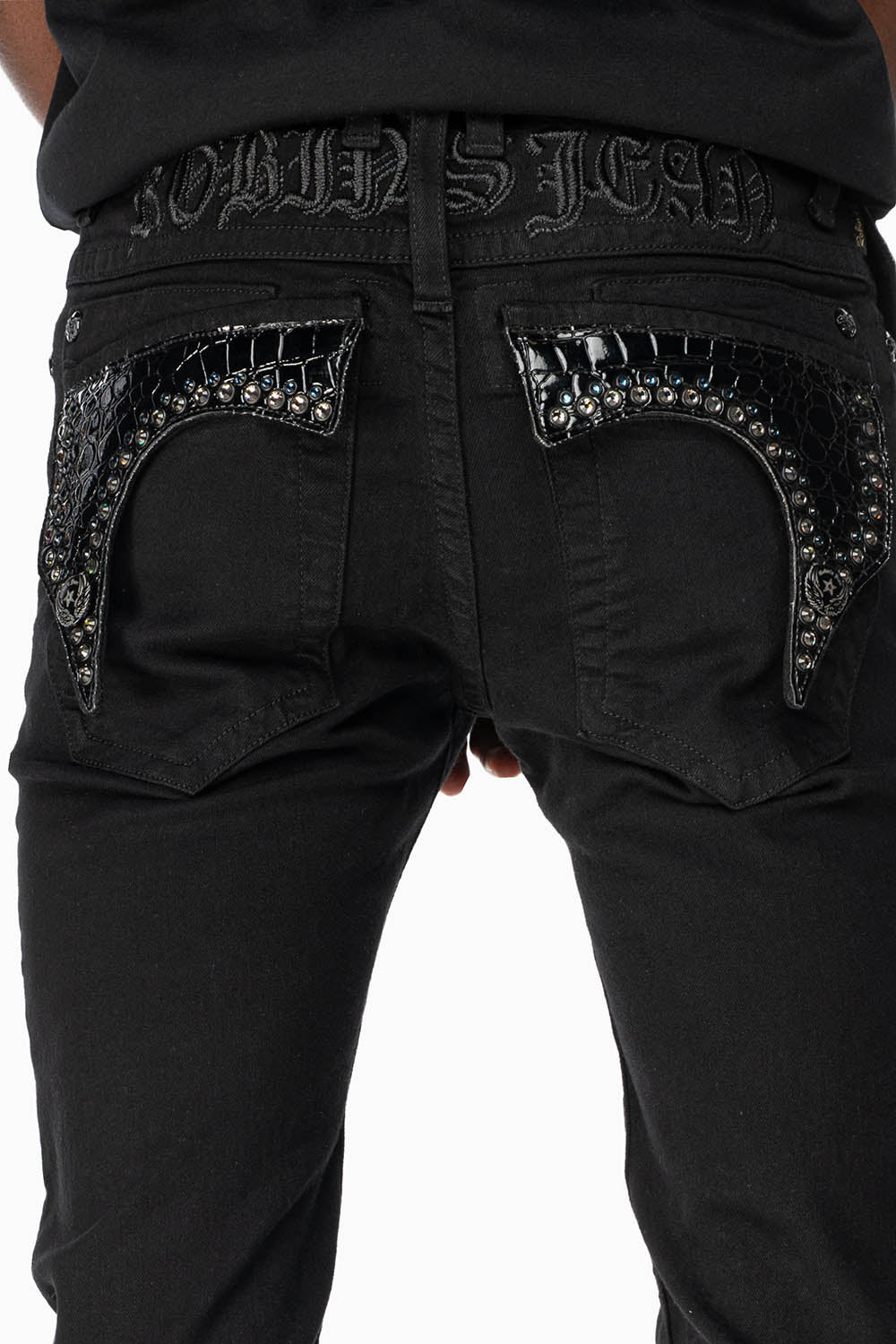 KILLER FLAP MENS SKINNY JEANS IN PURE BLACK WASH WITH BLK CROCODILE FLAPS AND  CRYSTALS