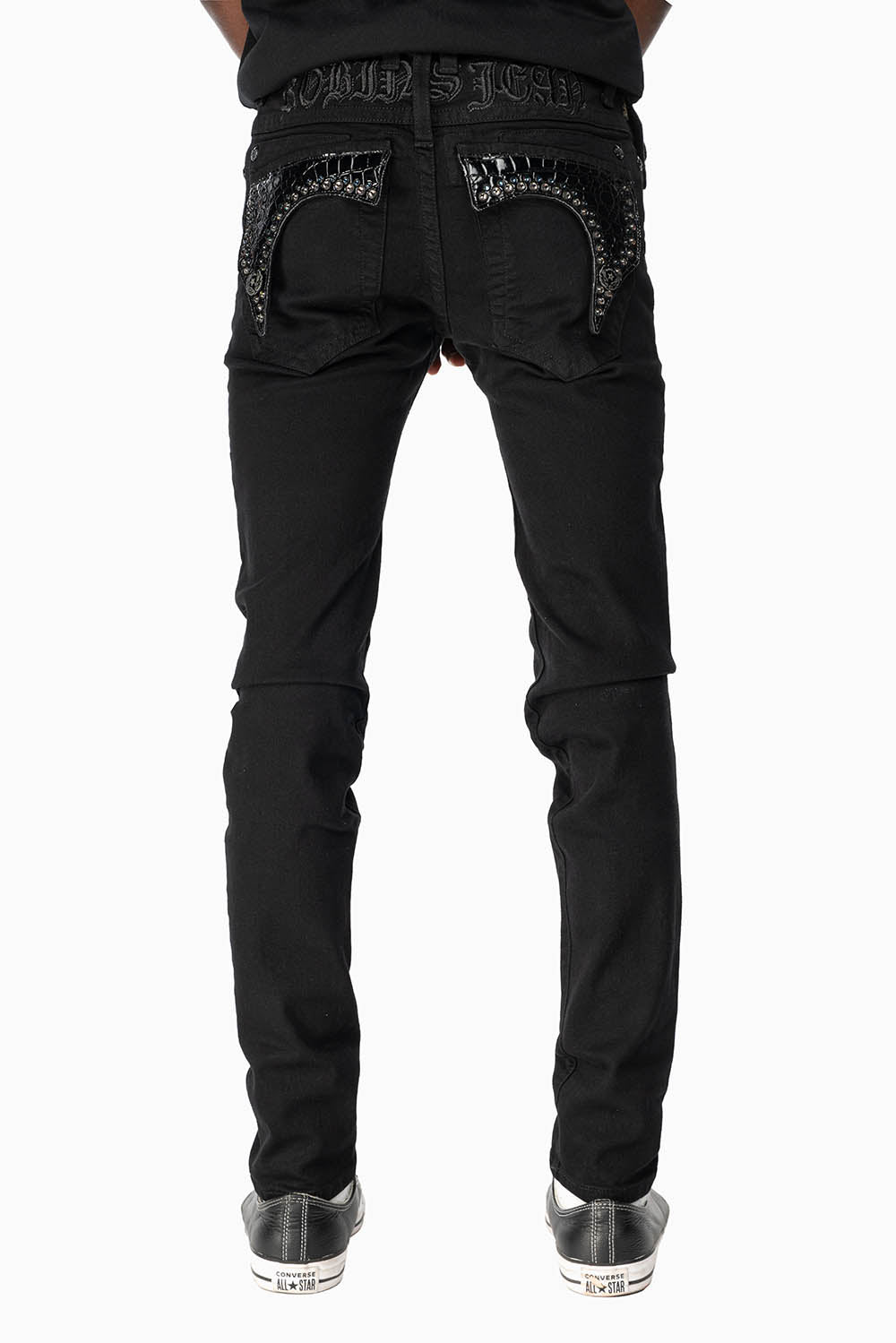 KILLER FLAP MENS SKINNY JEANS IN PURE BLACK WASH WITH BLK CROCODILE FLAPS AND  CRYSTALS