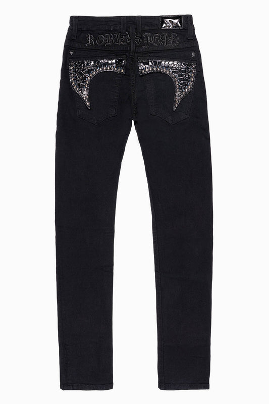 KILLER FLAP MENS SKINNY JEANS IN PURE BLACK WASH WITH BLK CROCODILE FLAPS AND  CRYSTALS