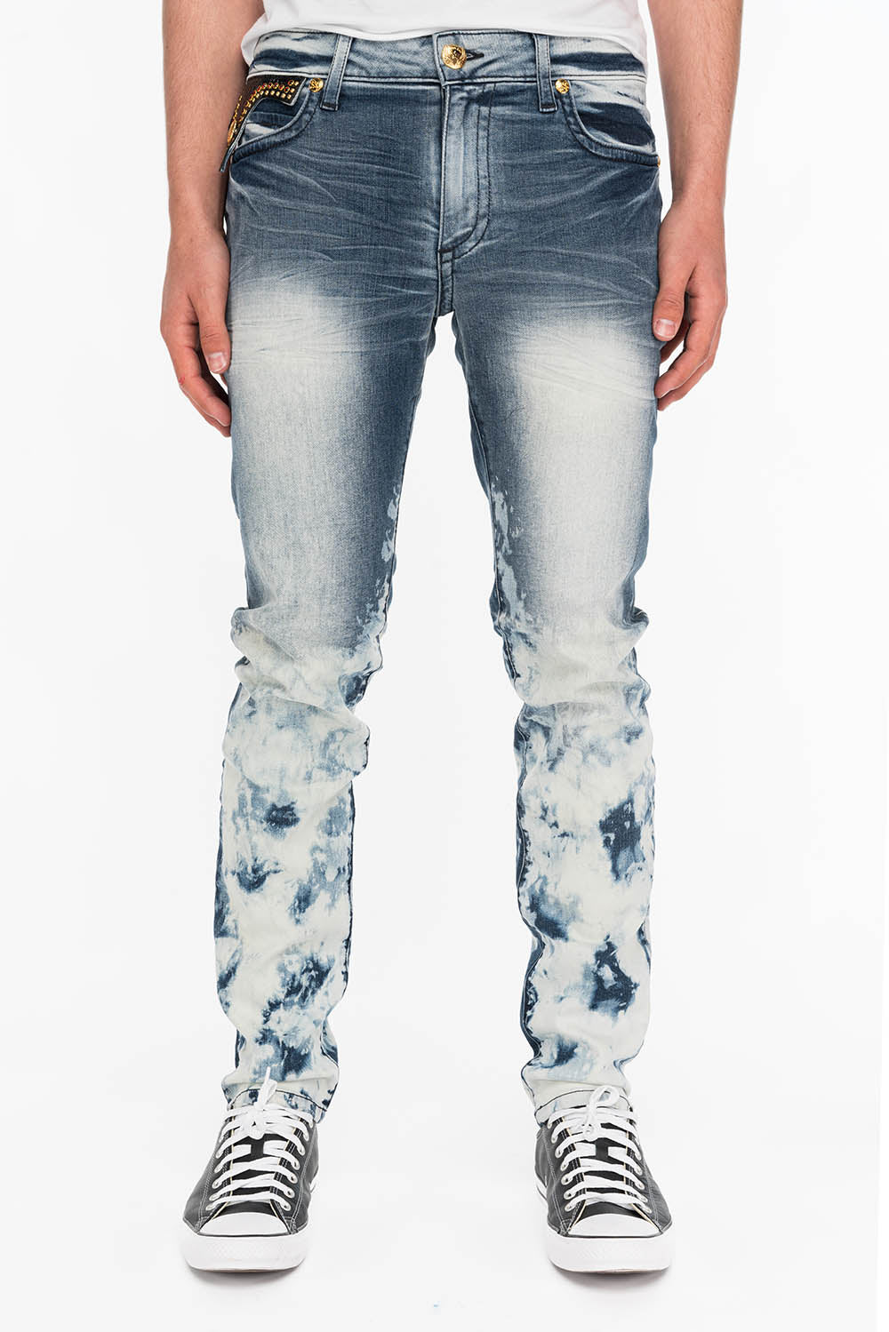 KILLER FLAP MENS SKINNY JEANS IN CLOUD JAPAN WITH CROCODILE FLAPS AND RED CRYSTALS