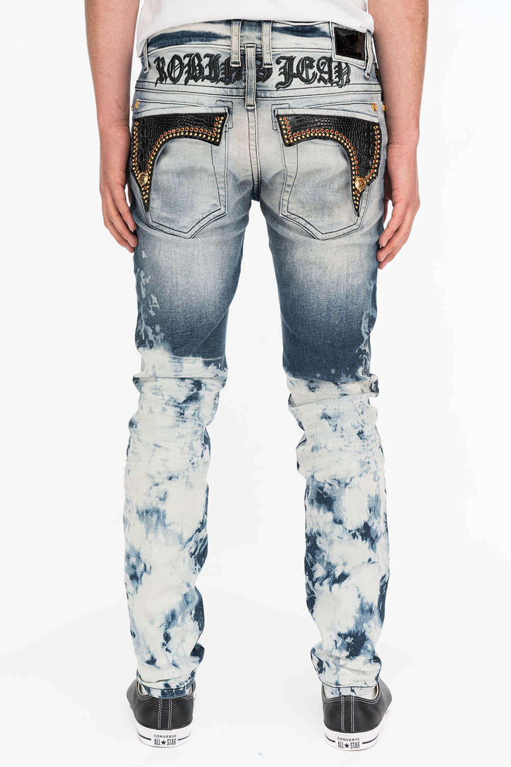 KILLER FLAP MENS SKINNY JEANS IN CLOUD JAPAN WITH CROCODILE FLAPS AND RED CRYSTALS