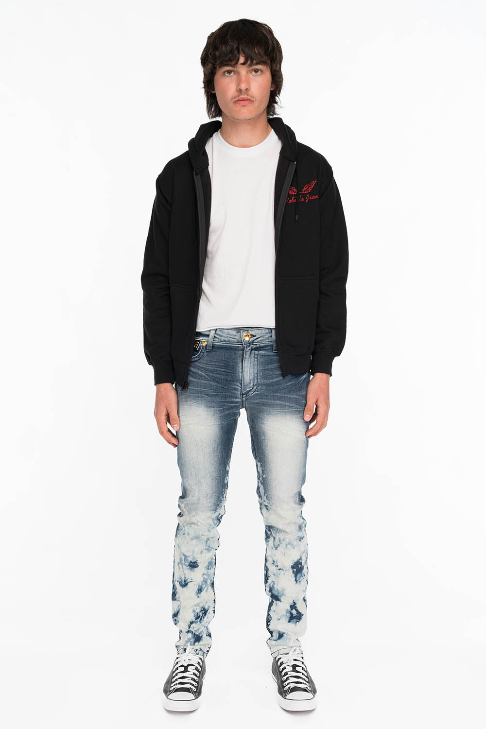 KILLER FLAP MENS SKINNY JEANS IN CLOUD JAPAN WITH CROCODILE FLAPS AND RED CRYSTALS