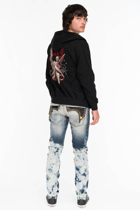 KILLER FLAP MENS SKINNY JEANS IN CLOUD JAPAN WITH CROCODILE FLAPS AND RED CRYSTALS