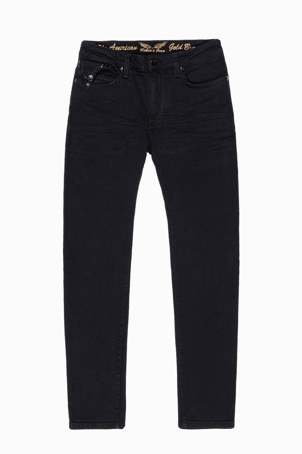 KILLER FLAP SKINNY JEANS IN PURE BLACK  WASH WITH JET BLACK CRYSTALS