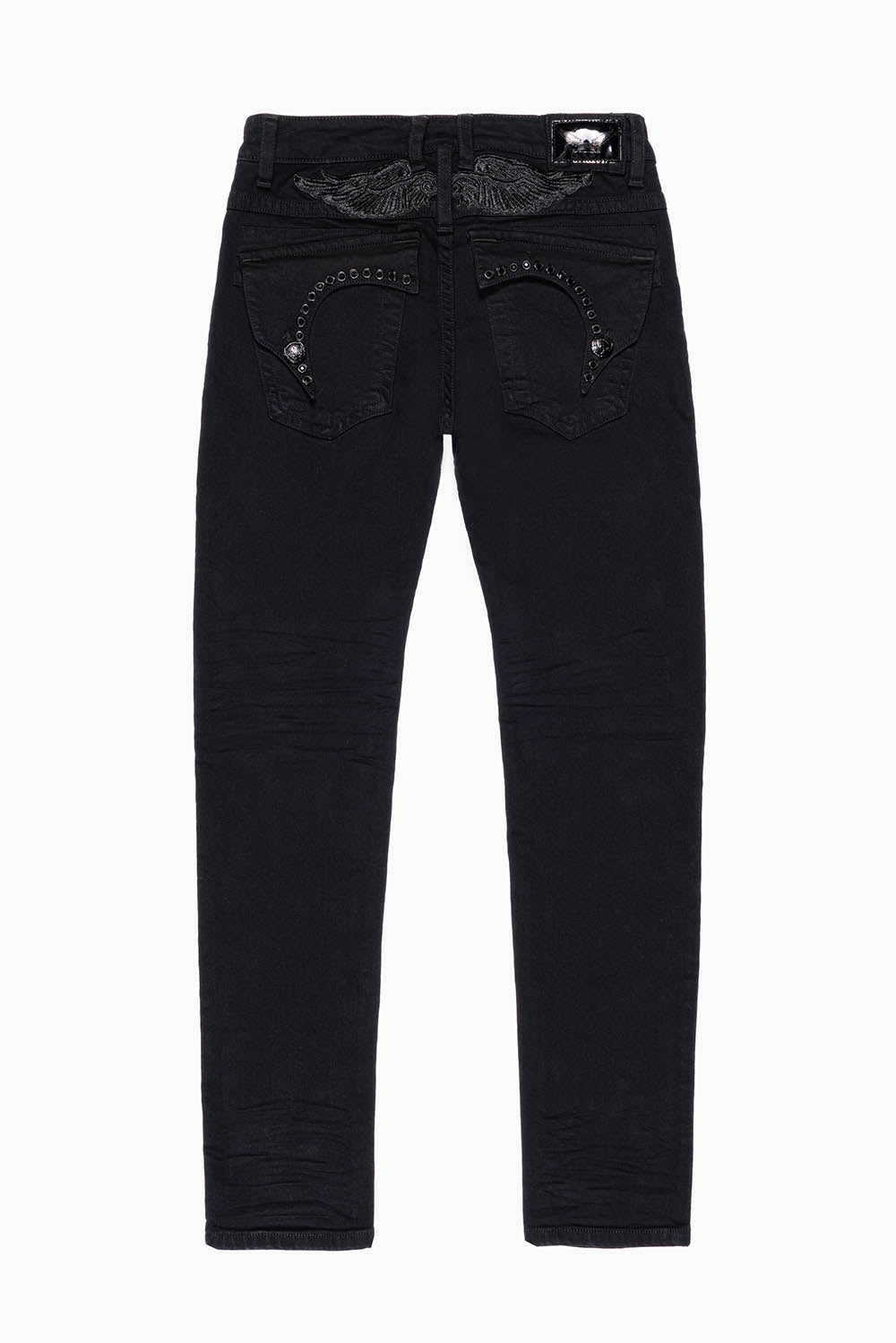KILLER FLAP SKINNY JEANS IN PURE BLACK  WASH WITH JET BLACK CRYSTALS