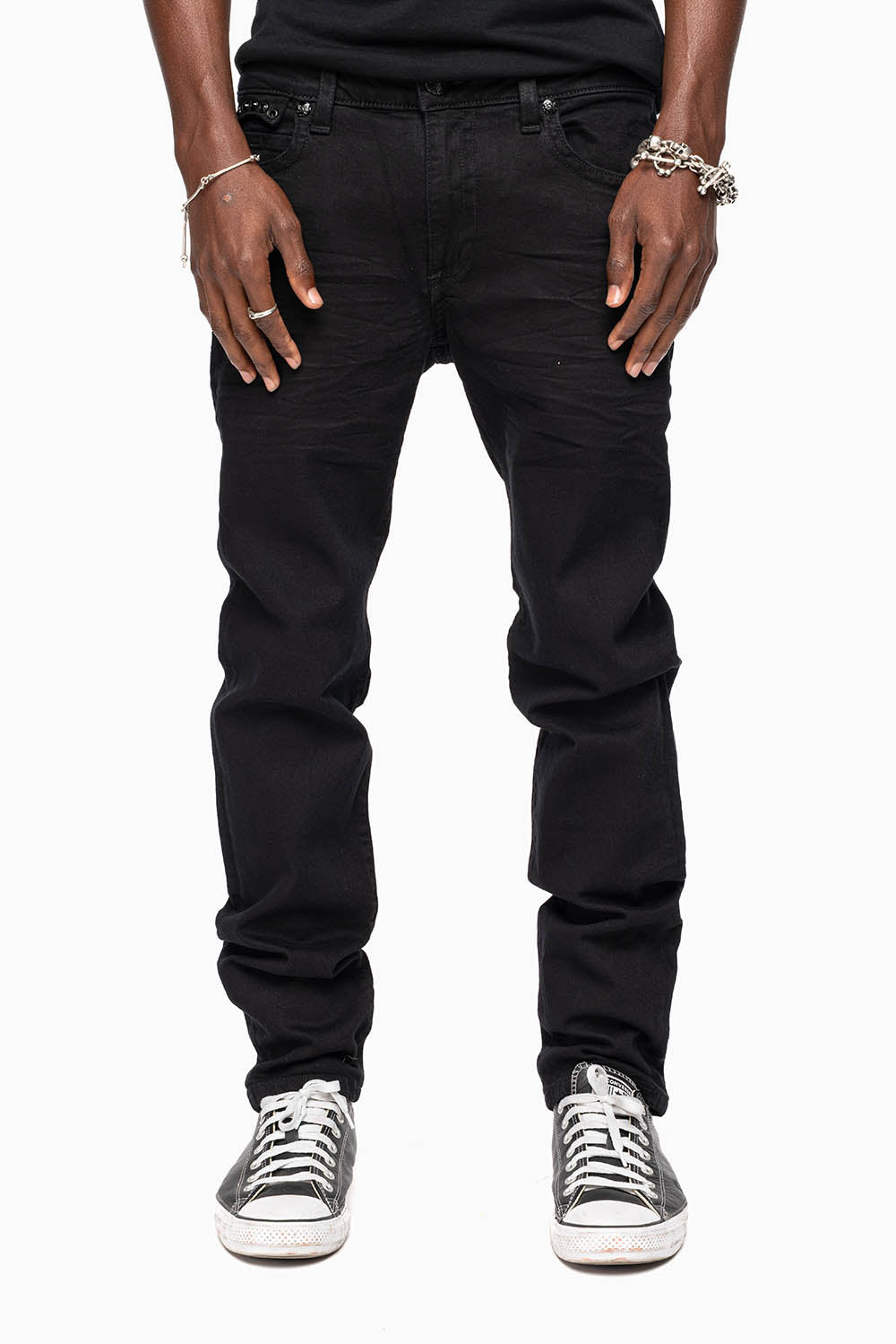 KILLER FLAP MENS SLIM JEANS IN PURE BLACK WASH WITH LARGE JET BLK CRYSTALS