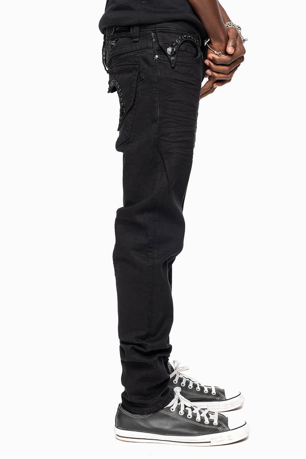 KILLER FLAP MENS SLIM JEANS IN PURE BLACK WASH WITH LARGE JET BLK CRYSTALS