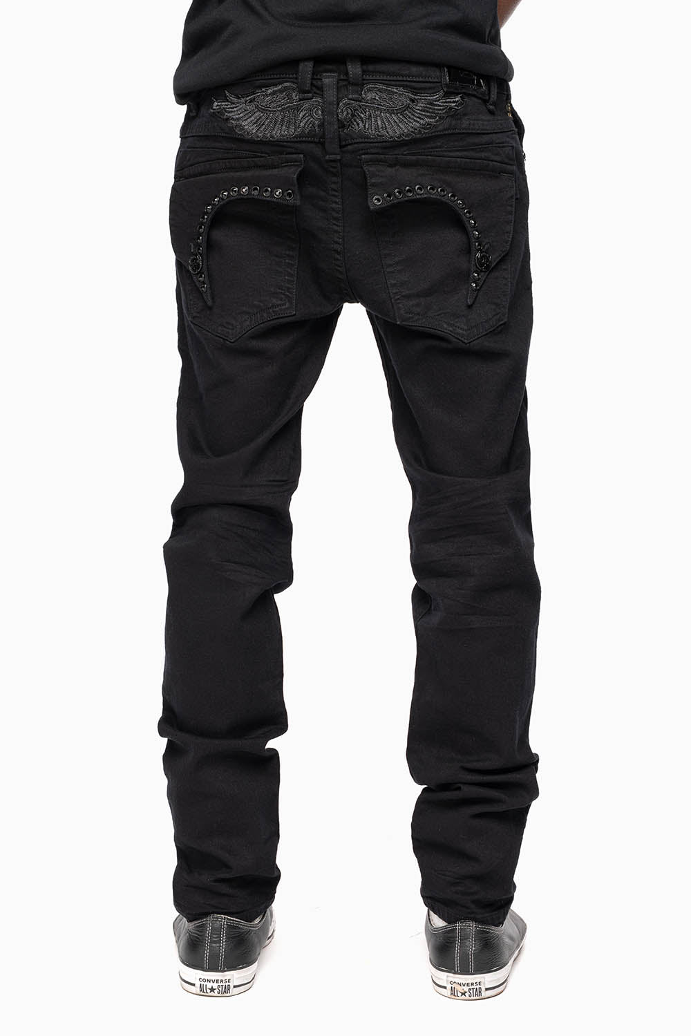 KILLER FLAP MENS SLIM JEANS IN PURE BLACK WASH WITH LARGE JET BLK CRYSTALS