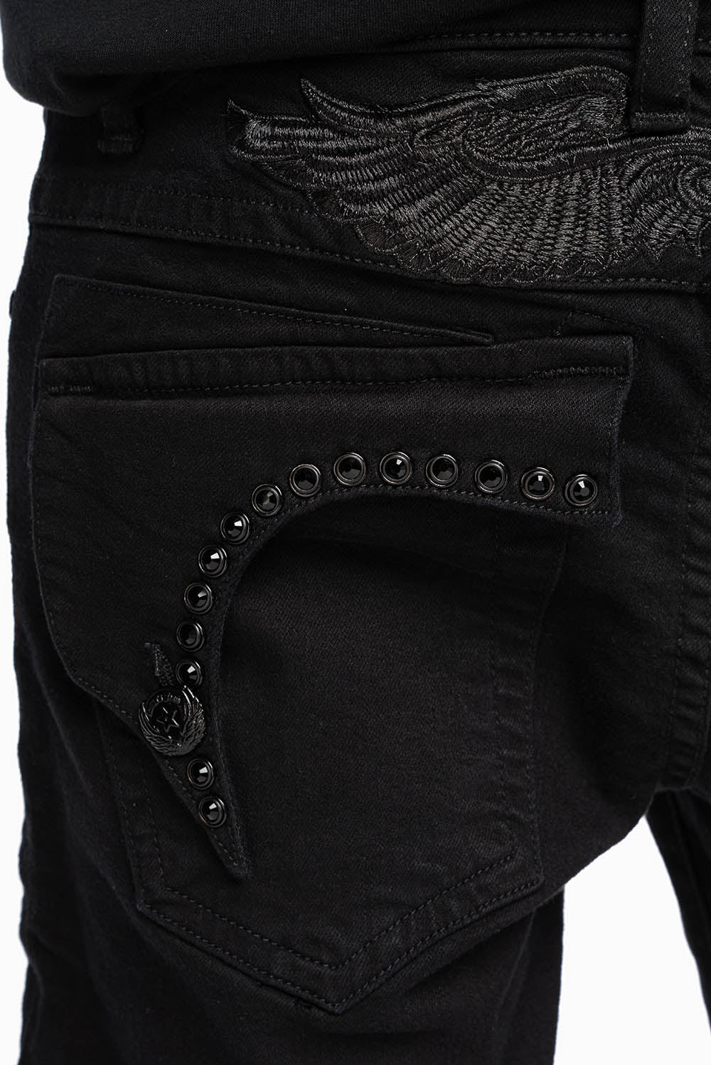 KILLER FLAP MENS SLIM JEANS IN PURE BLACK WASH WITH LARGE JET BLK CRYSTALS