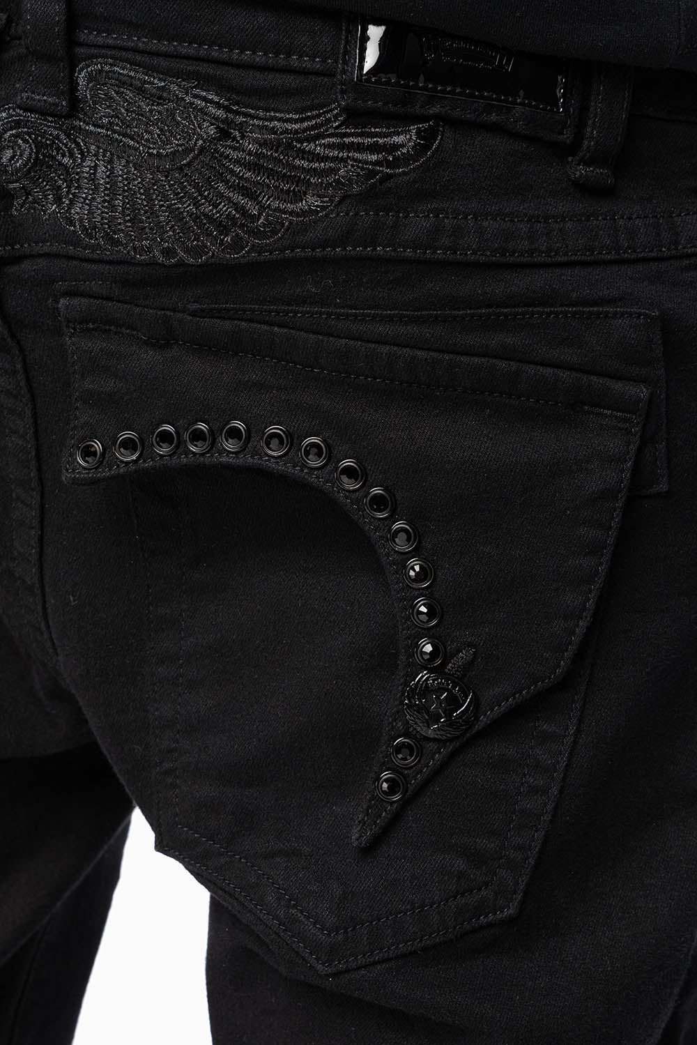 KILLER FLAP MENS SLIM JEANS IN PURE BLACK WASH WITH LARGE JET BLK CRYSTALS