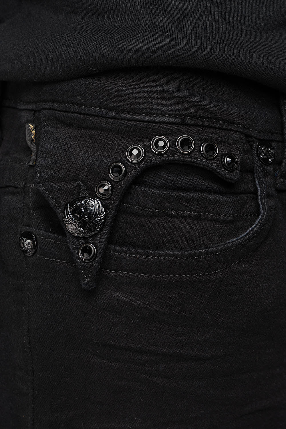 KILLER FLAP MENS SLIM JEANS IN PURE BLACK WASH WITH LARGE JET BLK CRYSTALS