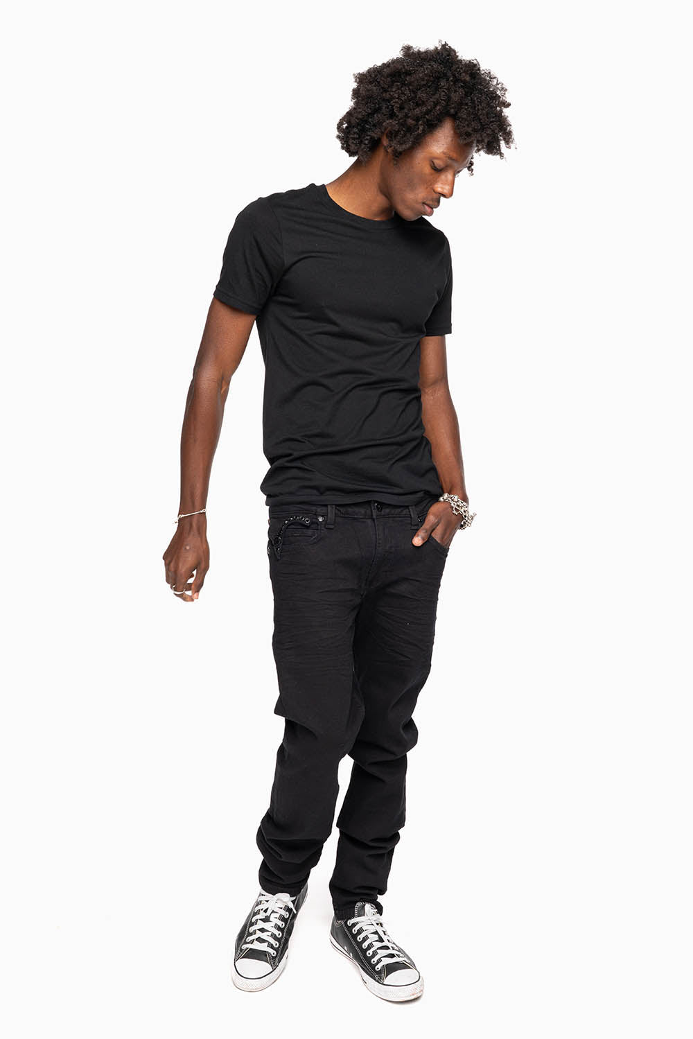 KILLER FLAP MENS SLIM JEANS IN PURE BLACK WASH WITH LARGE JET BLK CRYSTALS