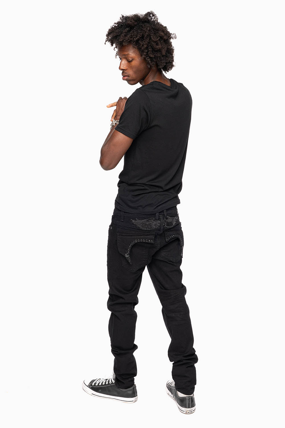 KILLER FLAP MENS SLIM JEANS IN PURE BLACK WASH WITH LARGE JET BLK CRYSTALS