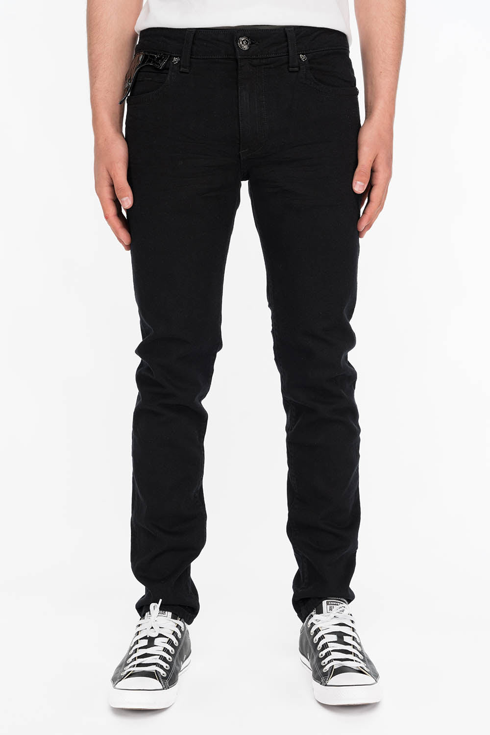 MENS LONG FLAP SKINNY JEANS IN PURE BLACK LEATHER FLAP