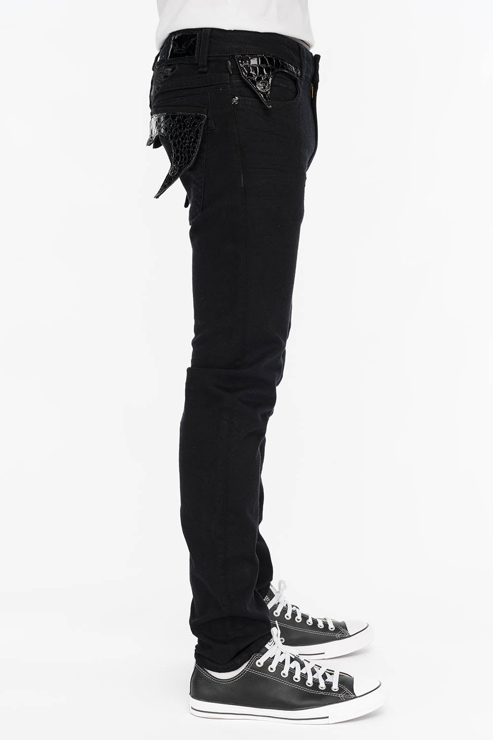 MENS LONG FLAP SKINNY JEANS IN PURE BLACK LEATHER FLAP