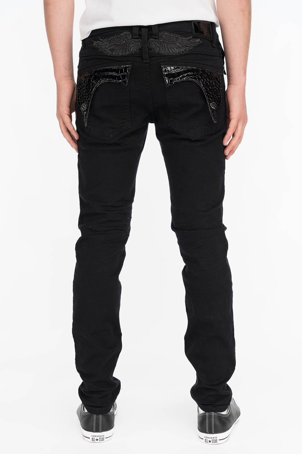 MENS LONG FLAP SKINNY JEANS IN PURE BLACK LEATHER FLAP