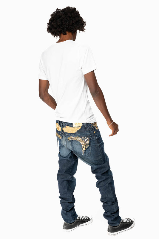 KILLER FLAP MENS SKINNY JEANS IN DARK BLUE WITH GOLD WINGS AND FULL CRYSTAL