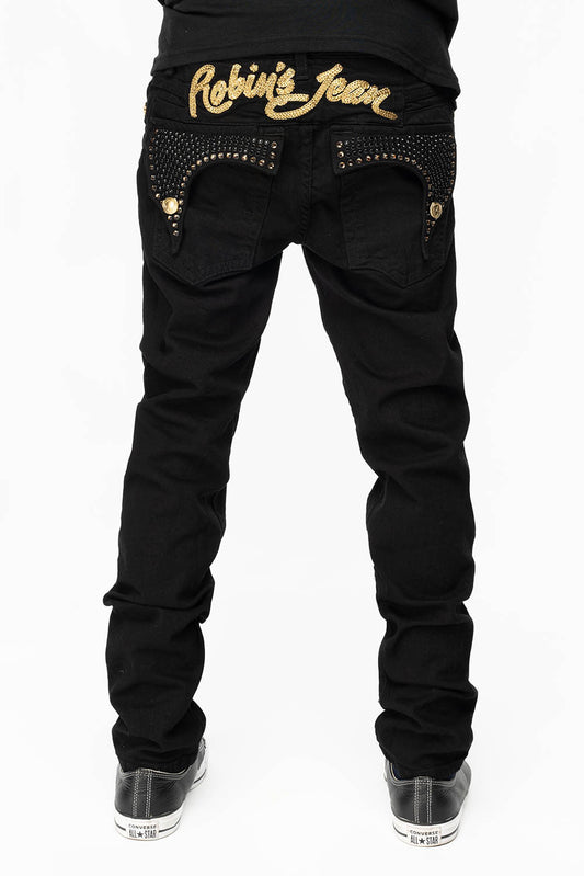 KILLER FLAP MENS SKINNY JEANS IN PURE BLACK WITH GOLD ROBIN’S LOGO AND FULL CRYSTALS