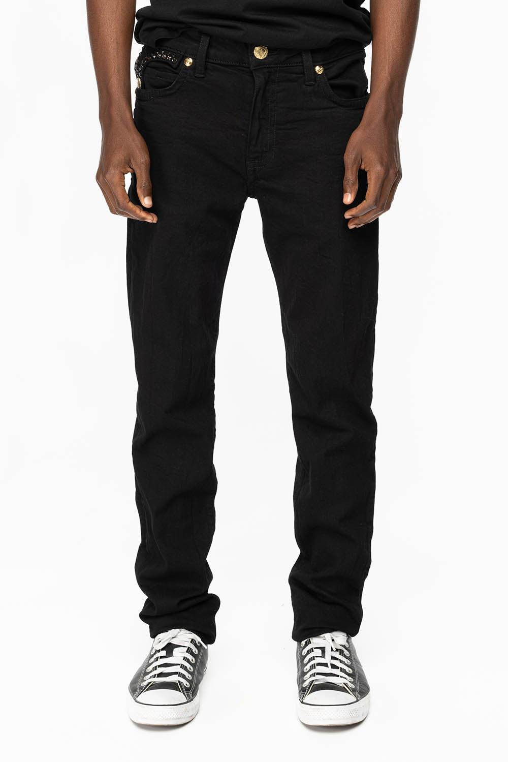 KILLER FLAP MENS SKINNY JEANS IN PURE BLACK WITH GOLD ROBIN’S LOGO AND CRYSTALS