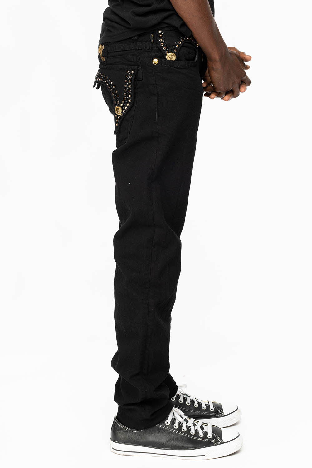 KILLER FLAP MENS SKINNY JEANS IN PURE BLACK WITH GOLD ROBIN’S LOGO AND CRYSTALS