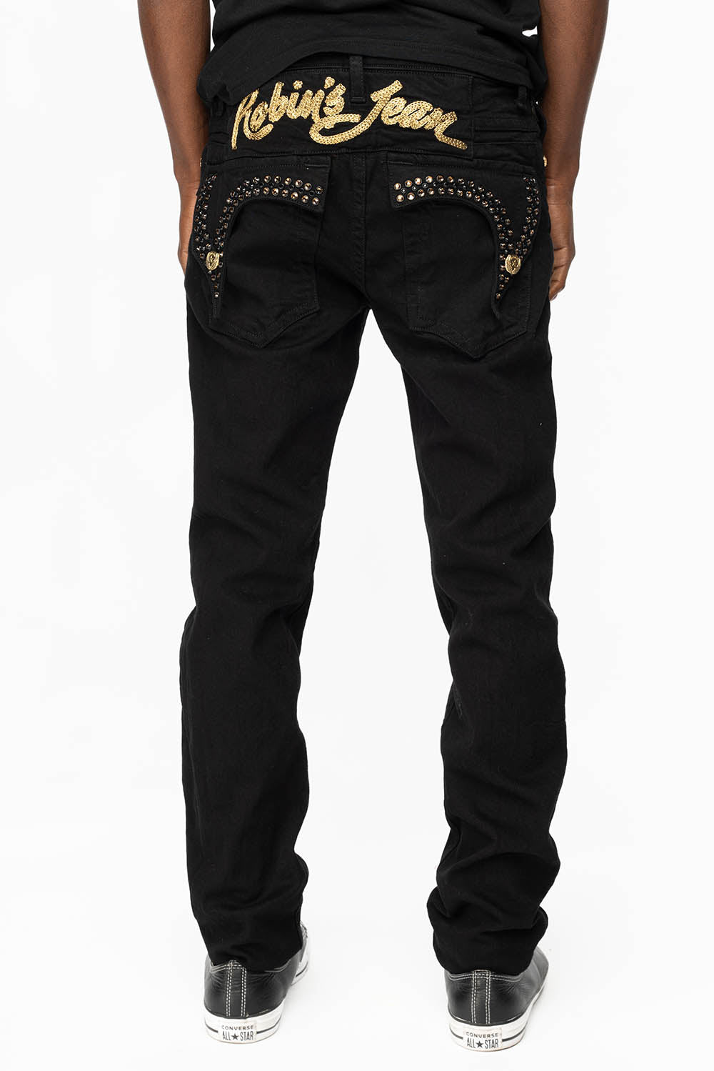 KILLER FLAP MENS SKINNY JEANS IN PURE BLACK WITH GOLD ROBIN’S LOGO AND CRYSTALS