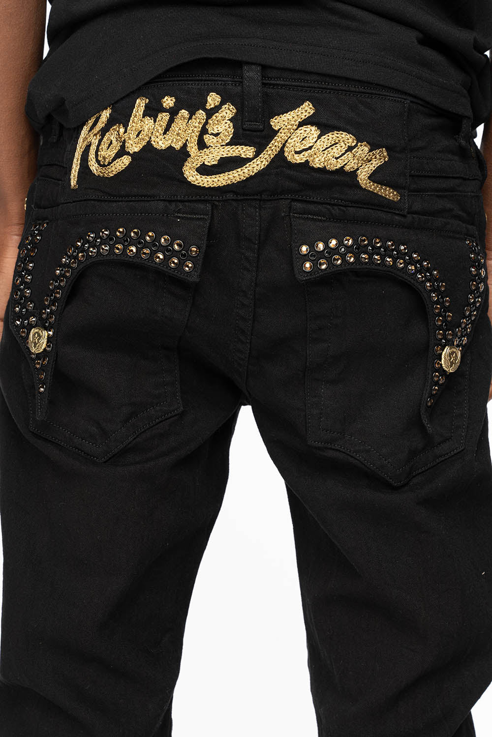 KILLER FLAP MENS SKINNY JEANS IN PURE BLACK WITH GOLD ROBIN’S LOGO AND CRYSTALS