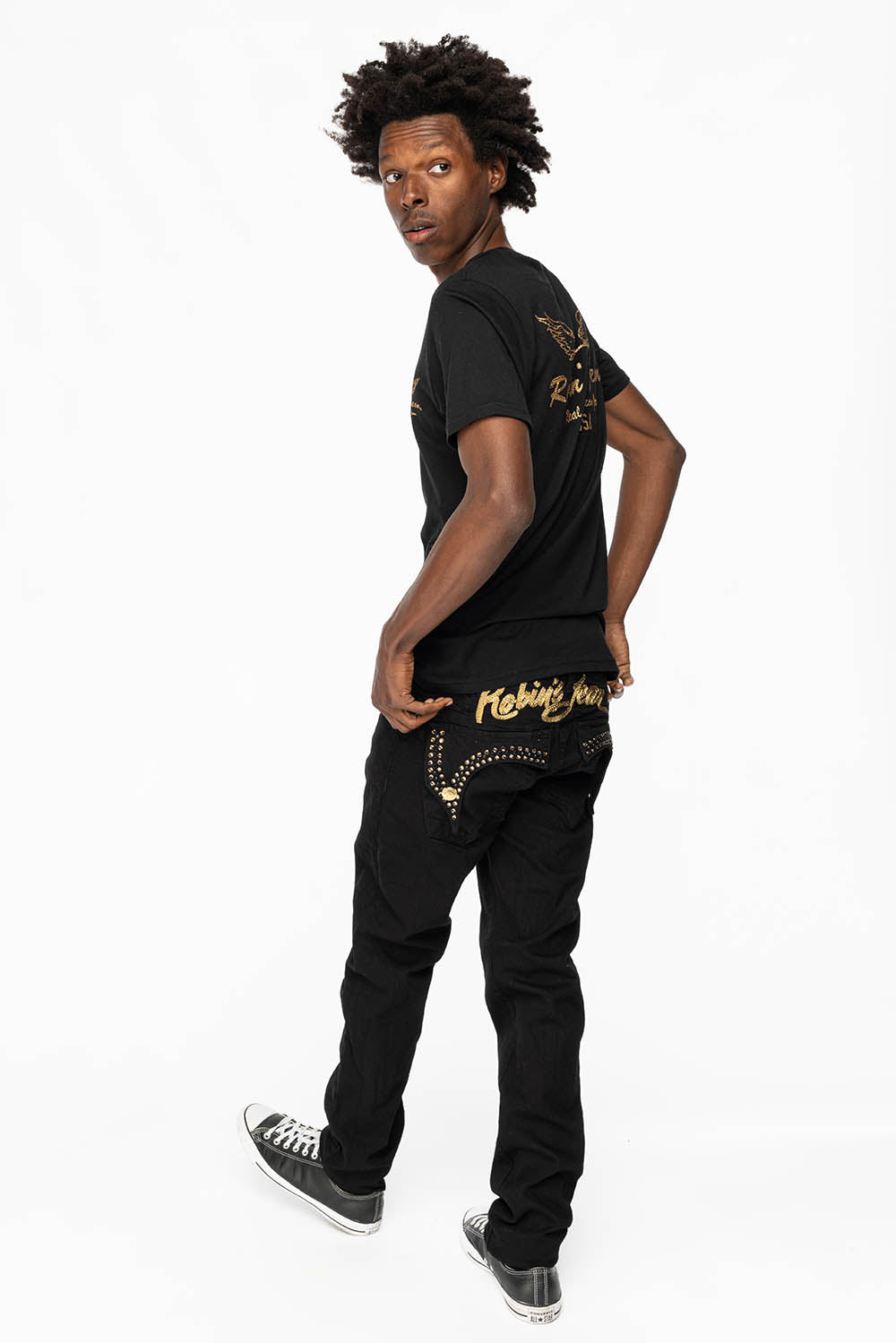 KILLER FLAP MENS SKINNY JEANS IN PURE BLACK WITH GOLD ROBIN’S LOGO AND CRYSTALS