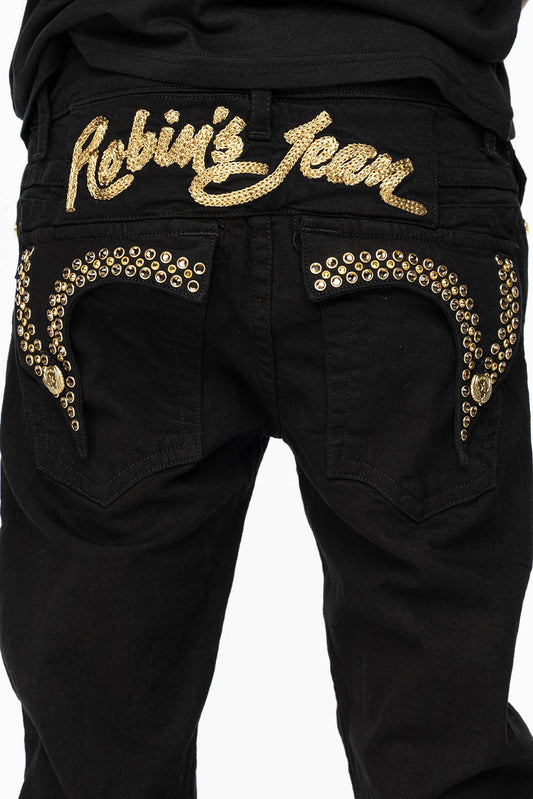 KILLER FLAP MENS SKINNY JEANS IN PURE BLACK WITH GOLD ROBIN’S LOGO AND GOLD AURUM CRYSTALS