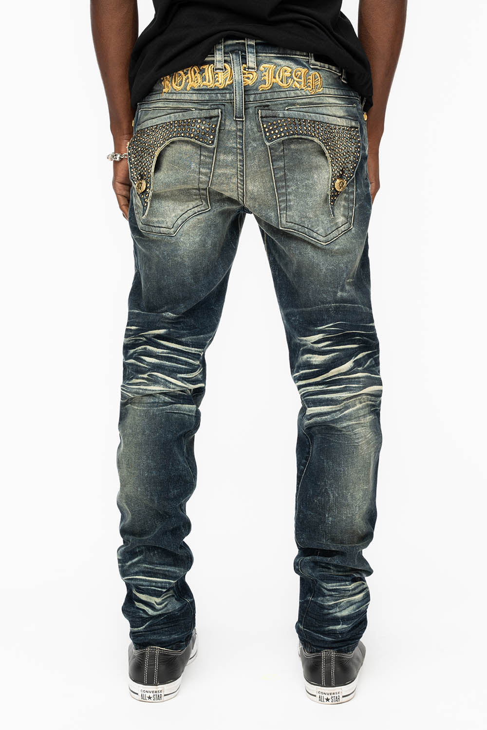 KILLER FLAP MENS SKINNY JEANS IN 4D DARK BLUE WASH WITH GOLD WINGS AND FULL AUROM CRYSTAL