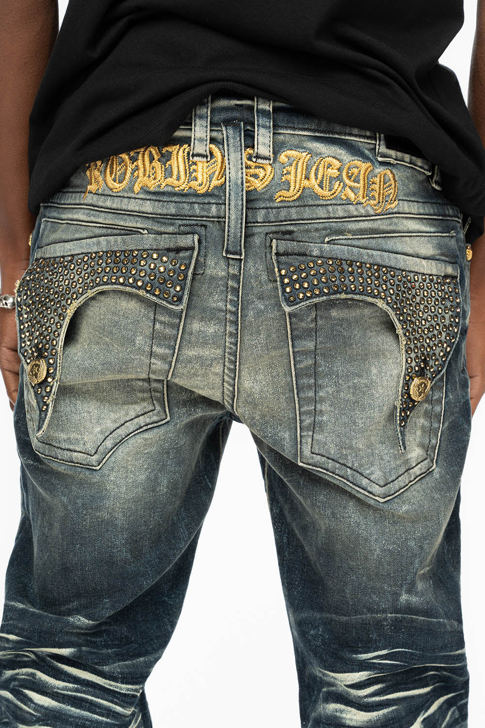 KILLER FLAP MENS SKINNY JEANS IN 4D DARK BLUE WASH WITH GOLD WINGS AND FULL AUROM CRYSTAL