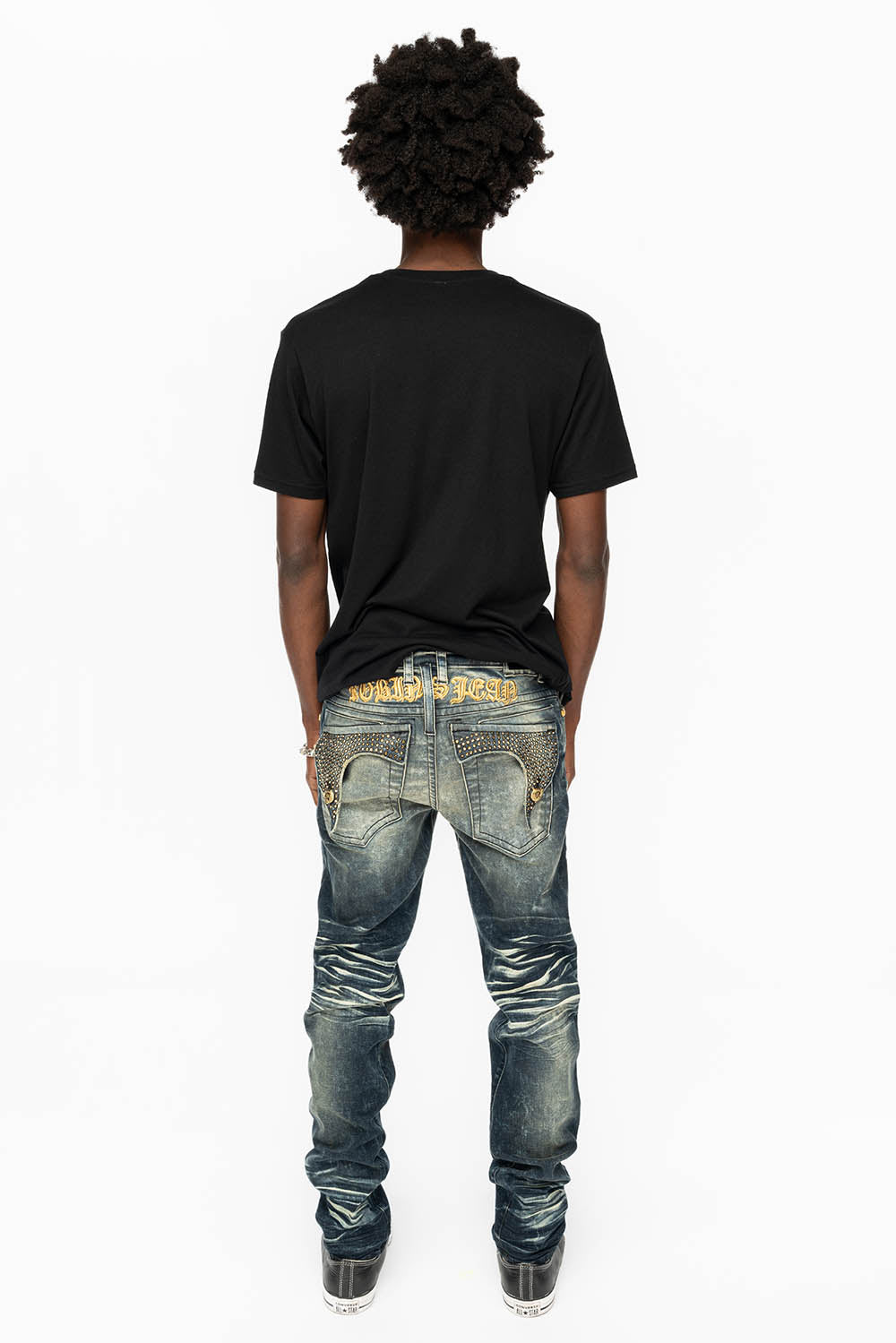 KILLER FLAP MENS SKINNY JEANS IN 4D DARK BLUE WASH WITH GOLD WINGS AND FULL AUROM CRYSTAL