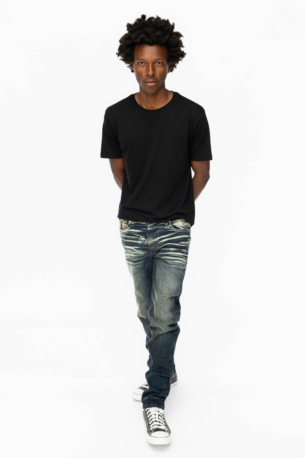 KILLER FLAP MENS SKINNY JEANS IN 4D DARK BLUE WASH WITH GOLD WINGS AND FULL AUROM CRYSTAL