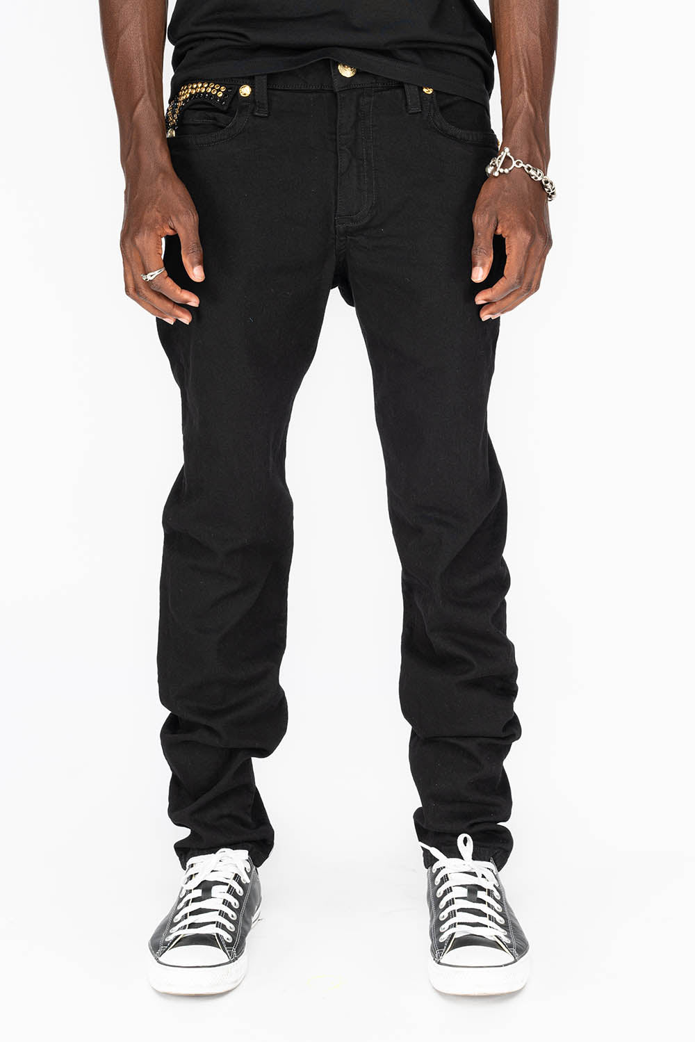 KILLER FLAP MENS SKINNY JEANS IN PURE BLACK WITH GOLD GOTHIC EMBROIDERY FULLY EMBELLISHED CRYSTALS