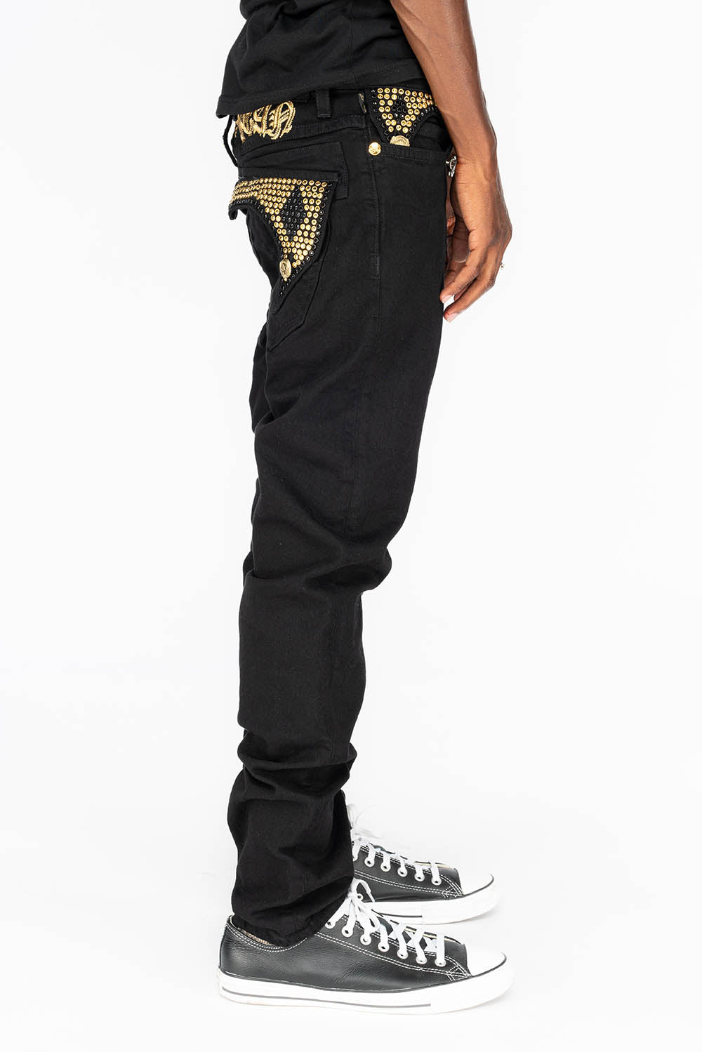 KILLER FLAP MENS SKINNY JEANS IN PURE BLACK WITH GOLD GOTHIC EMBROIDERY AND FULL BLACK & GOLD CRYSTALS