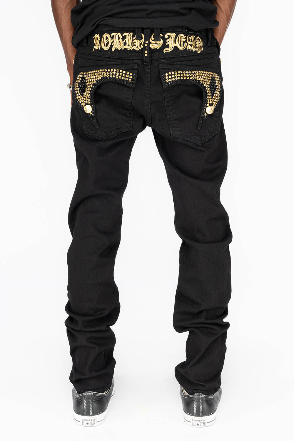 KILLER FLAP MENS SKINNY JEANS IN PURE BLACK WITH GOLD GOTHIC EMBROIDERY AND FULL BLACK & GOLD CRYSTALS