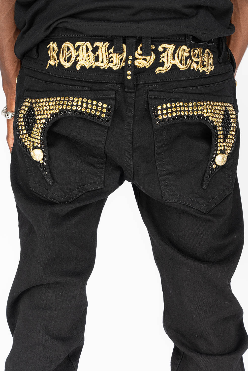 KILLER FLAP MENS SKINNY JEANS IN PURE BLACK WITH GOLD GOTHIC EMBROIDERY AND FULL BLACK & GOLD CRYSTALS