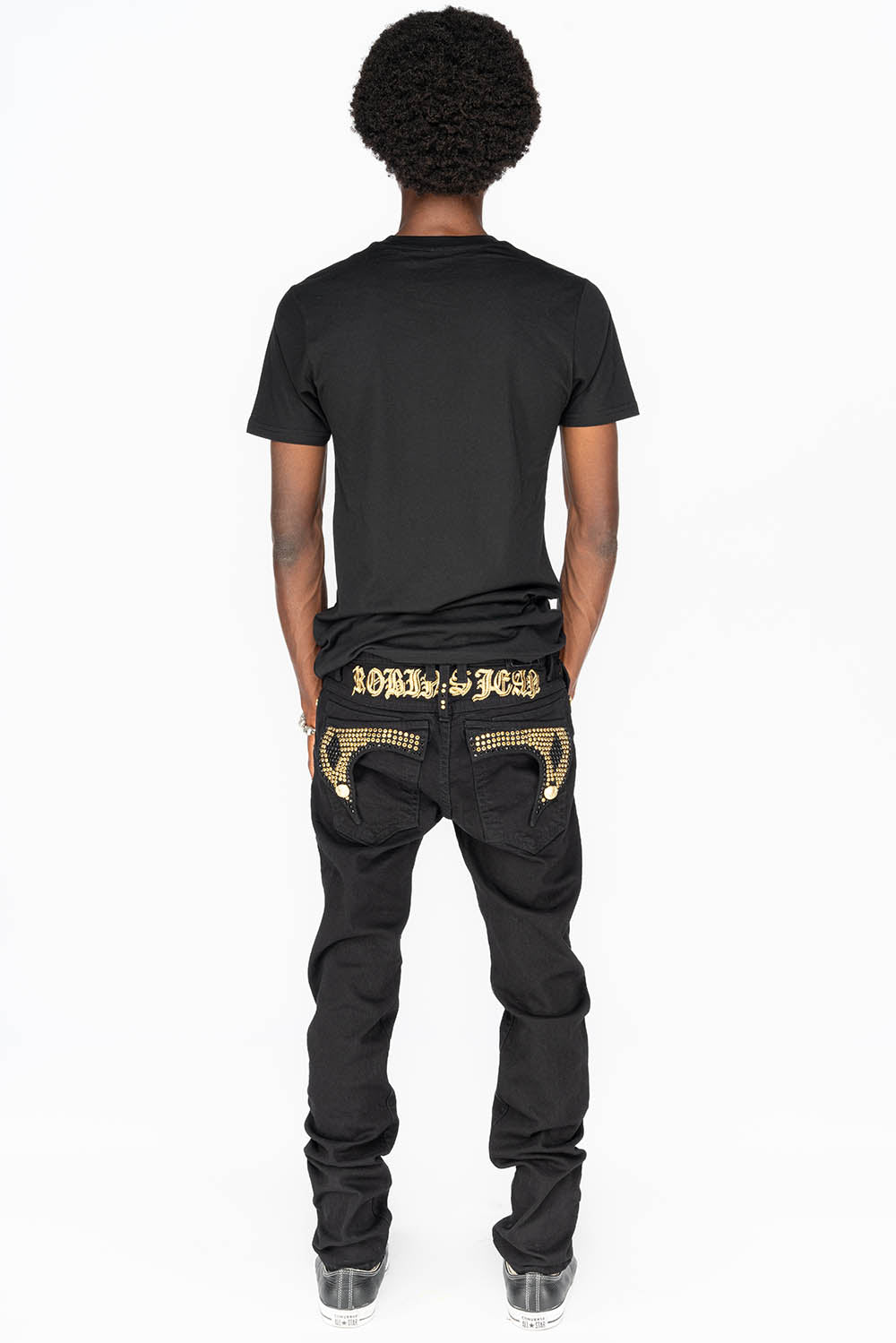 KILLER FLAP MENS SKINNY JEANS IN PURE BLACK WITH GOLD GOTHIC EMBROIDERY FULLY EMBELLISHED CRYSTALS